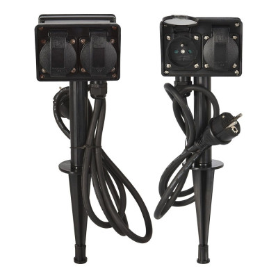 Base múltiple, 2 uds, 2 tomas schuko estaca jardin, con tapas, ip44 - negra