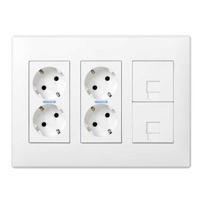 Caja con 4 schuko + 2 rj45, 500 cima superficie o empotrar blanca