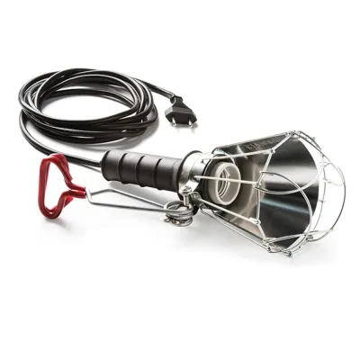 Lámpara portátil con pantalla 100 w 250 v e27, mango de goma negro, cable 5 m y pinza, en bolsa