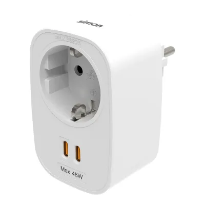 Adaptador combi schuko 2p+t 16a 230-250v~50hz + 2 usb-c 45w, blanco