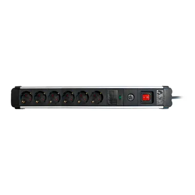 Base múltiple, 6 tomas, schuko 2p+t, 16a 250v~, 1,5 m cable, c/interruptor y prot. sobretensiones, aluminio