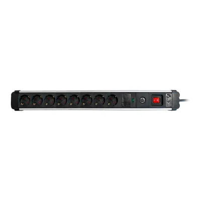 Base múltiple, 8 tomas, schuko 2p+t, 16 a 250 v~, 1,5 m cable, c/interruptor y prot. sobretensiones, aluminio