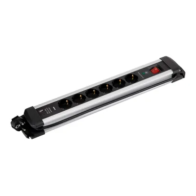 Base múltiple, 6 tomas, schuko 2p+t, 2 usb a+c, 16 a 250 v~,1,5 m cable, c/interruptor y prot.sobretensiones, aluminio