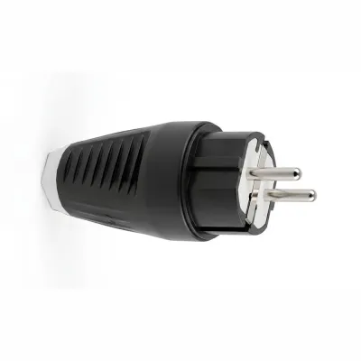 Clavija goma schuko 2p+t 16a 250v~, salida recta, ip54, negra, retractilada