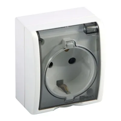 Base superficie, schuko 2p+t, 16a 250v~, ip54, serie aquarius, blanco con tapa transparente, blister