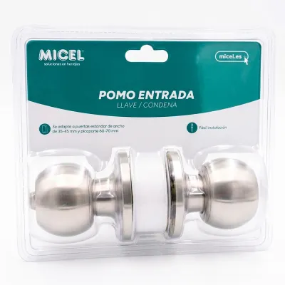 Pomo puerta con cerradura - condena, forma bola, modelo pp07, de acero inoxidable con acabado en inox, blister