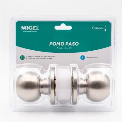 Pomo puerta libre, forma bola, modelo pp07, de acero inoxidable con acabado en inox, blister