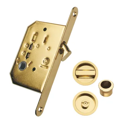 Cerradura embutir para puerta corredera, modelo pcr03, de acero con acabado latonado, 160 x 70 x 16 mm