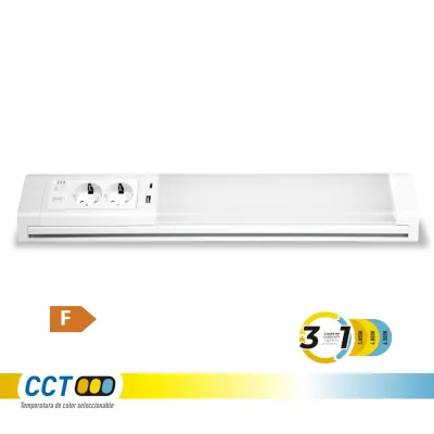 Regleta led 5-10 w 3cct 450-850 lm con enchufes y usb a-c, 518 x 80 x 85 mm