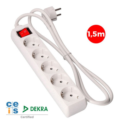 Base múltiple 5 tomas 2p+t con interruptor luminoso, 16a 250 v~ 1,5 m de cable h05vv-f 3 g 1,5 mm² blanca