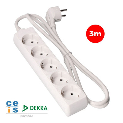 Base múltiple, 5 tomas schuko 2p+t, 3 m de cable h05vv-f 3g1,5 mm² 16a 250v~ 3680 w, blanca