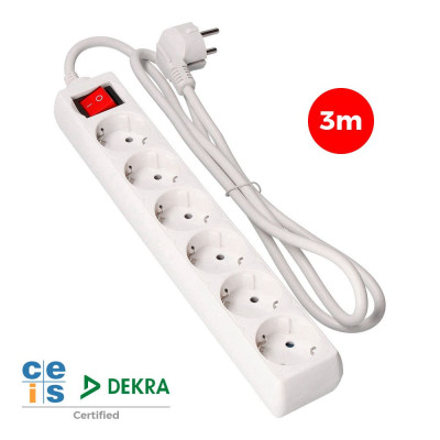 Base múltiple 6 tomas 2p+t con interruptor luminoso, 3 m de cable h05vv-f 3g1,5 mm², blanca